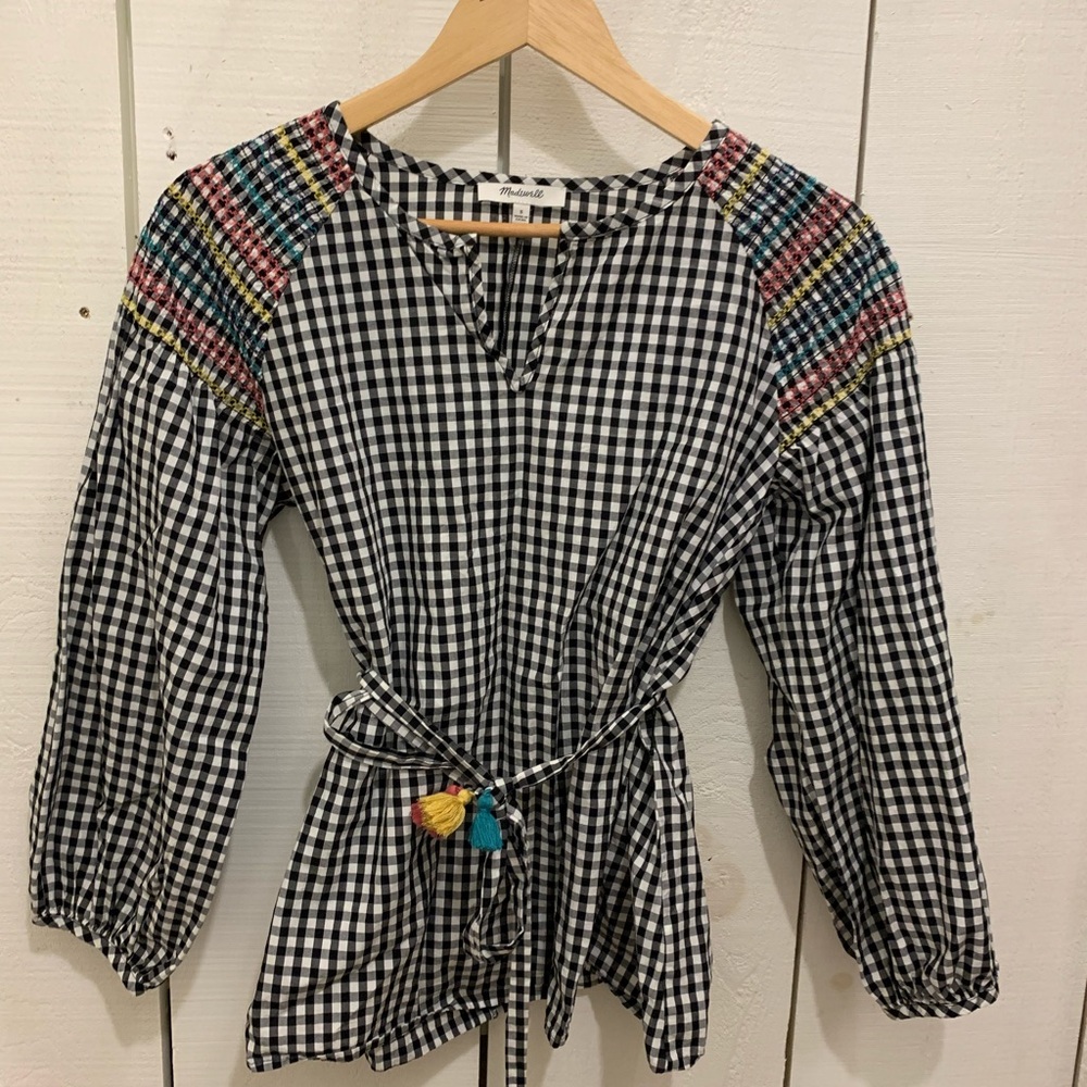 Madewell Black-and-White Gingham Tunic with Colorful Embroidered Shoulders